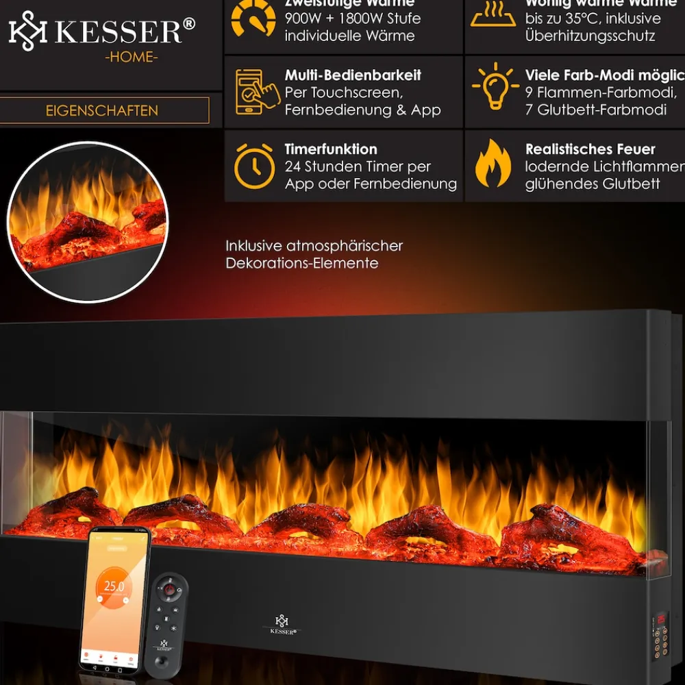 ® Wandkamin Elektrokamin 3D Elektrischer Kamin mit Heizung 9 Farbmodi LED Flammeneffekt, 900/1800 W Kaminofen Wand und Einbaukamin Wandmontage Heizung App-Funktion Fernbedienung ^ KESSER Outlet