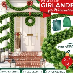 KESSER ® Weihnachtsgirlande | Naturgetreues Tannengrün - wie echt - IP 44 Outdoor & Indoor Girlande - Treppen, Tür, Balkon, Weihnachtsdeko + Tasche - Dunkelgrün Online