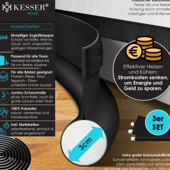® Zugluftstopper 3 er Set bis 95 cm zuschneidbar Passend für alle Türen | waschbar | Lärmschutz Türluftstopper | doppelseitige Türisolierung | Luftzugstopper | Schutz vor Lärm und Zugluft | ^ KESSER Online