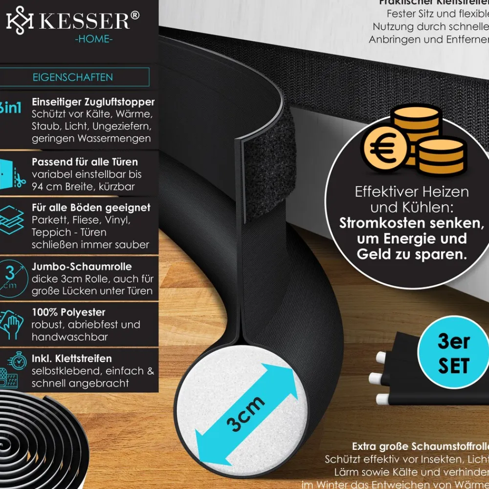 ® Zugluftstopper 3 er Set bis 95 cm zuschneidbar Passend für alle Türen | waschbar | Lärmschutz Türluftstopper | doppelseitige Türisolierung | Luftzugstopper | Schutz vor Lärm und Zugluft | ^ KESSER Online