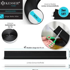 ® Zugluftstopper 3 er Set bis 95 cm zuschneidbar Passend für alle Türen | waschbar | Lärmschutz Türluftstopper | doppelseitige Türisolierung | Luftzugstopper | Schutz vor Lärm und Zugluft | ^ KESSER Online