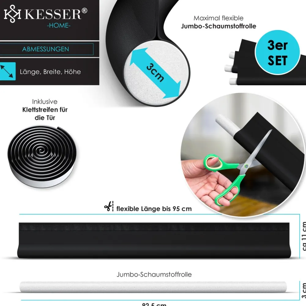 ® Zugluftstopper 3 er Set bis 95 cm zuschneidbar Passend für alle Türen | waschbar | Lärmschutz Türluftstopper | doppelseitige Türisolierung | Luftzugstopper | Schutz vor Lärm und Zugluft | ^ KESSER Online