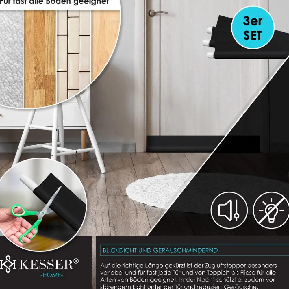 ® Zugluftstopper 3 er Set bis 95 cm zuschneidbar Passend für alle Türen | waschbar | Lärmschutz Türluftstopper | doppelseitige Türisolierung | Luftzugstopper | Schutz vor Lärm und Zugluft | ^ KESSER Online