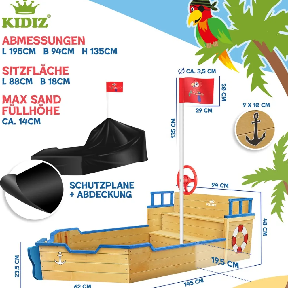 KIDIZ ® Sandkasten Ahoi - Piratenschiff Boot Segelschiff aus Holz Inkl. Abdeckung, Bodenplane, Sitzbank, Flaggenmast, Sandspielzeug | Große Kinder Sandkiste für den Garten | Outdoor Sandbox Blau Hot