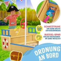 KIDIZ ® Sandkasten Ahoi - Piratenschiff Boot Segelschiff aus Holz Inkl. Abdeckung, Bodenplane, Sitzbank, Flaggenmast, Sandspielzeug  | Große Kinder Sandkiste für den Garten | Outdoor Sandbox Blau Hot