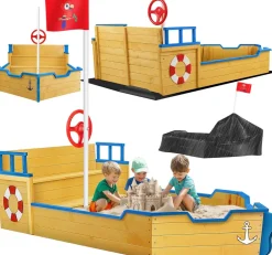 KIDIZ ® Sandkasten Ahoi - Piratenschiff Boot Segelschiff aus Holz Inkl. Abdeckung, Bodenplane, Sitzbank, Flaggenmast, Sandspielzeug | Große Kinder Sandkiste für den Garten | Outdoor Sandbox Blau Hot