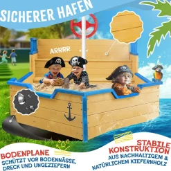 KIDIZ ® Sandkasten Ahoi - Piratenschiff Boot Segelschiff aus Holz Inkl. Abdeckung, Bodenplane, Sitzbank, Flaggenmast, Sandspielzeug | Große Kinder Sandkiste für den Garten | Outdoor Sandbox Blau Hot