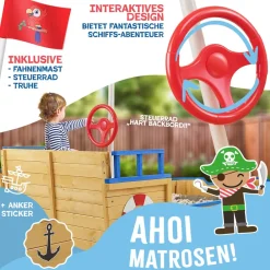 KIDIZ ® Sandkasten Ahoi - Piratenschiff Boot Segelschiff aus Holz Inkl. Abdeckung, Bodenplane, Sitzbank, Flaggenmast, Sandspielzeug | Große Kinder Sandkiste für den Garten | Outdoor Sandbox Blau Hot