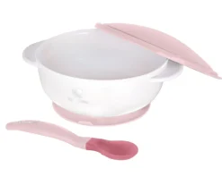 Kikkaboo Baby Essschüssel 250 ml Löffel mit Wärmesensor Warmhalteschüssel Deckel rosa ^ Kikka Boo New
