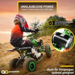 Actionbikes Motors Kinderquad Racer 1000, Pocket-Quad mit 1000 Watt Elektromotor, 3 Batterien, Stoßdämpfer, bis 24 km/h Schwarz/Grün New