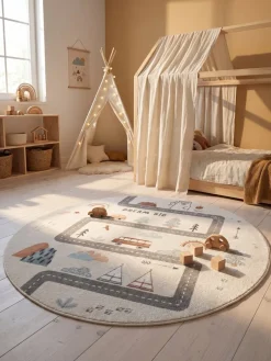 KADIMA DESIGN Kinderteppich Straßenkarte Abenteuer Waschbar Creme Clearance