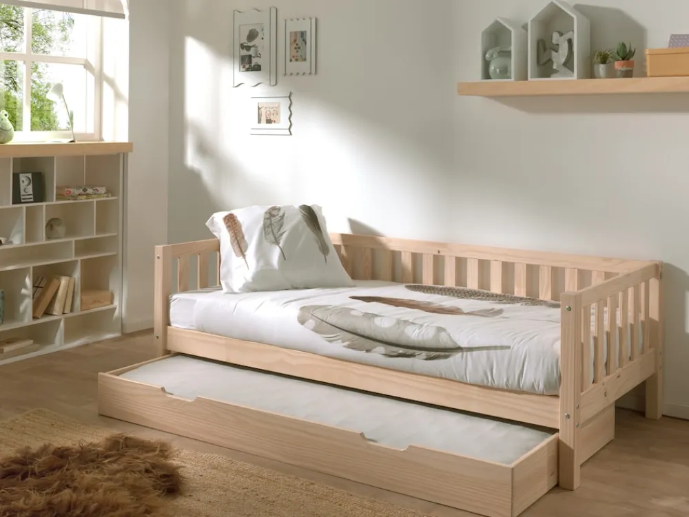 Kojen Bett Fritz mit Sprossenumrandung u. Rolllattenrost, Liegefläche 90 x 200, inkl. Bettschublade, Ausf. Milky White lackiert ^ vipack New