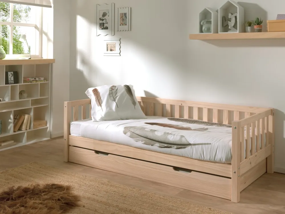 Kojen Bett Fritz mit Sprossenumrandung u. Rolllattenrost, Liegefläche 90 x 200, inkl. Bettschublade, Ausf. Milky White lackiert ^ vipack New