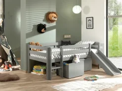 vipack Kojen-Spielbett mit Liegefläche 90 x 200 cm, inkl. Leiter, Rutsche, Rolllattenrost und 2 Schubkästen, Kiefer und MDF grau lackiert weiß Clearance
