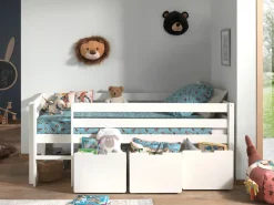 Kojen-Spielbett mit Liegefläche 90 x 200 cm, inkl. Leiter, Rolllattenrost und 3 Schubkästen, Kiefer und MDF lackiert ^ vipack Discount