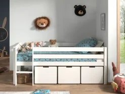 Kojen-Spielbett mit Liegefläche 90 x 200 cm, inkl. Leiter, Rolllattenrost und 3 Schubkästen, Kiefer und MDF lackiert ^ vipack Discount