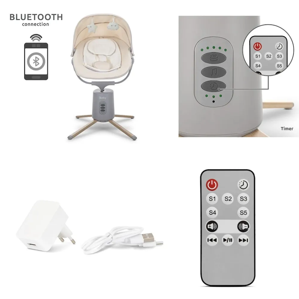 Lorelli Babywippe Storky Musik Bluetooth Fernbedienung Plüschtiere Timer Gurt beige grau Hot
