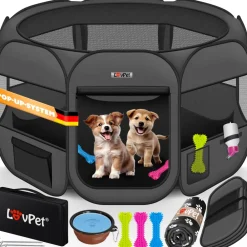 LOVPET ® Welpenlaufstall Tierlaufstall Faltbar für Kleintiere Hunde, Katzen Inkl. Hundenapf Hundelaufstall Freigehege Oxfordgewebe Pop-up System Indoor & Outdoor Hellgrau / Schwarz Clearance