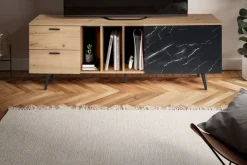 Lowboard TV Schrank 150 cm Fernsehtisch Fernsehschrank Marmor Schwarz ^ Finebuy