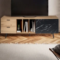 Lowboard TV Schrank 150 cm Fernsehtisch Fernsehschrank Marmor Schwarz ^ Finebuy