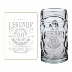 LUXENTU Bierkrug mit Gravur Legende seit 80 Jahren 0,5 Liter transparent Hot