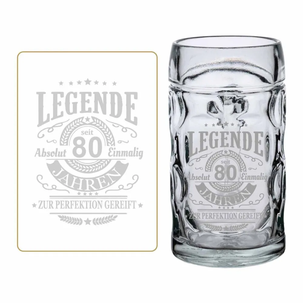 LUXENTU Bierkrug mit Gravur Legende seit 80 Jahren 0,5 Liter transparent Hot