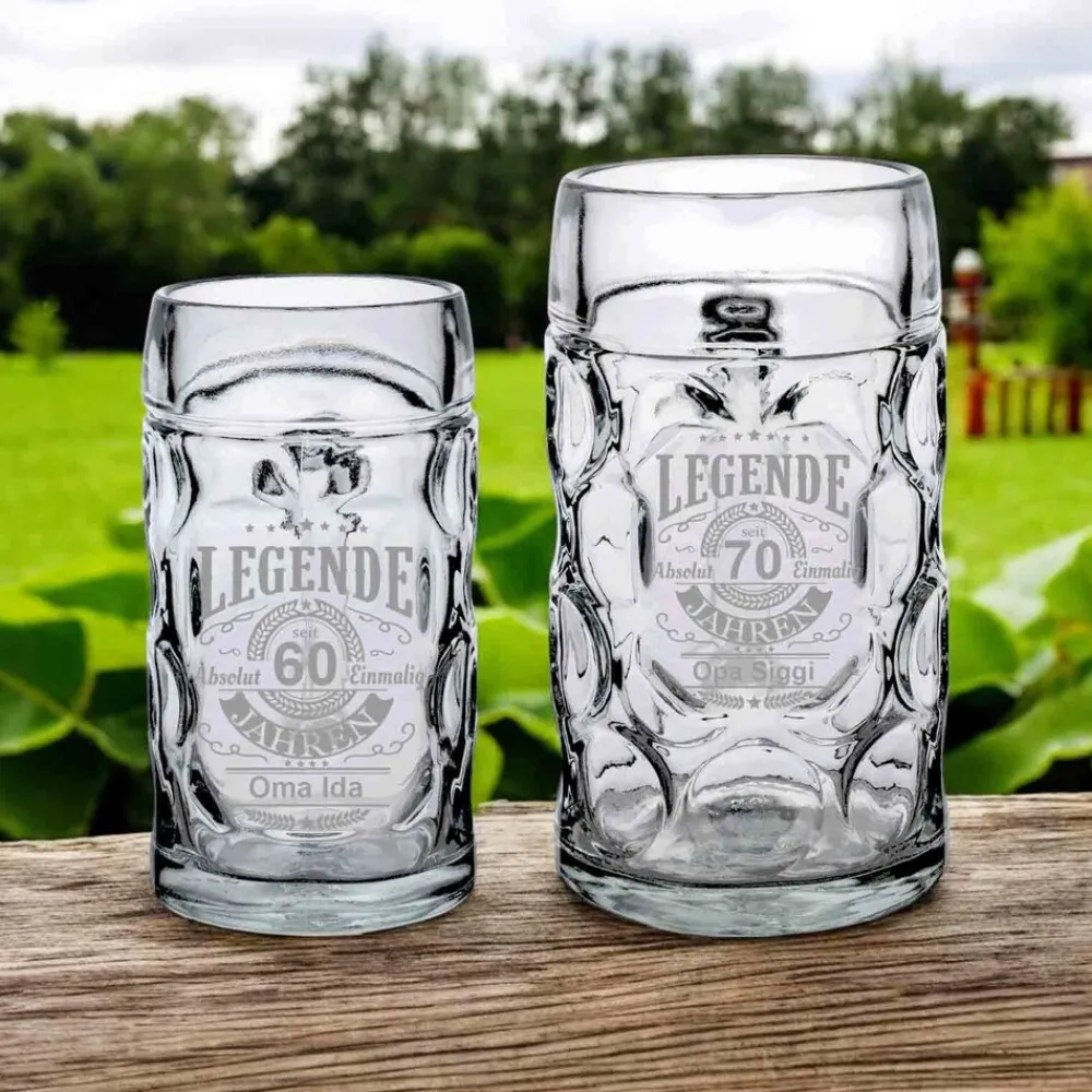 LUXENTU Bierkrug mit Gravur Legende seit 80 Jahren 0,5 Liter transparent Hot