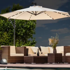 SWING&HARMONIE Luxus Sonnenschirm mit LED Beleuchtung Ampelschirm 300cm Solar Garten Schirm Pavillon in Creme New