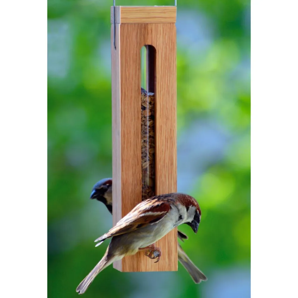 Eichenholz-Futterspender mit Futtersilo und Metallaufhängung ^ LUXUS-VOGELHAUS