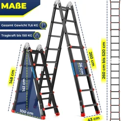 MASKO Aluminium 6in1 Mehrzweckleiter – 20 Sprossen | - 520 cm | 150 Kg, ausziehbar, Rutschfest, Multifunktional, Gelenkleiter, Anlegeleiter, Klappleiter, beidseitige Steh- und Treppenleiter Clearance