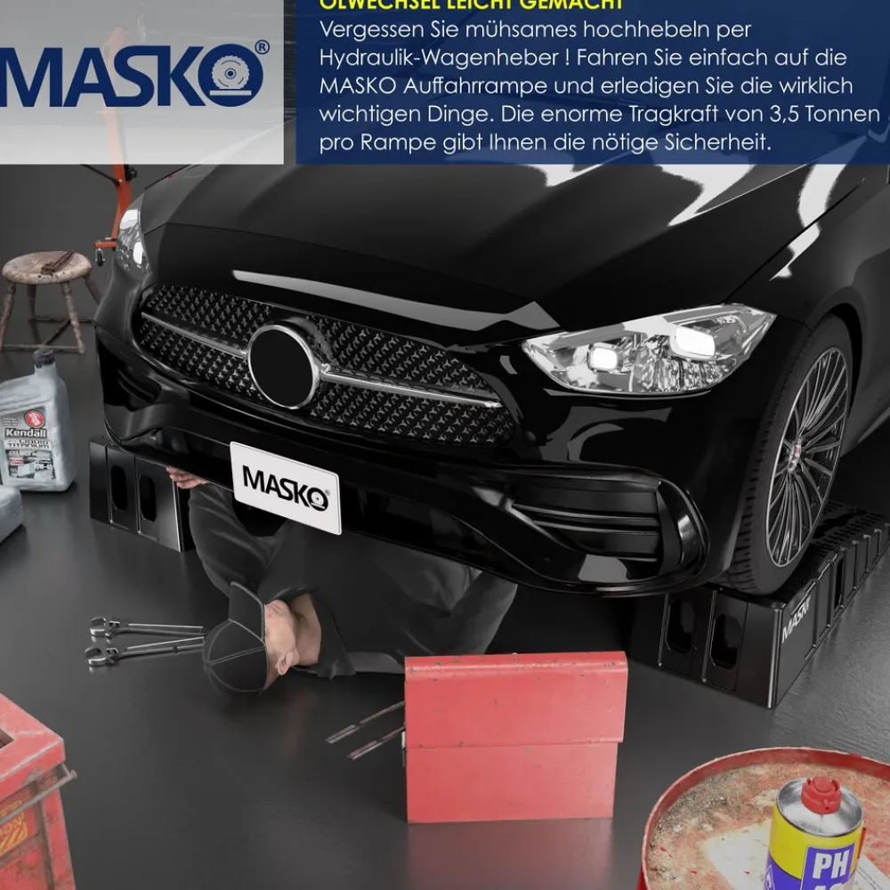 ® Auffahrrampe 2er Set | Auffahrkeile bis 5 t Traglast | KFZ-Rampe mit Überfahrschutz | Verladerampe rutschfest, robust und extra breit | Garagenrampen Autorampe Ölwechsel und Reparatur ^ MASKO Best