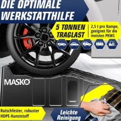 ® Auffahrrampe 2er Set | Auffahrkeile bis 5 t Traglast | KFZ-Rampe mit Überfahrschutz | Verladerampe rutschfest, robust und extra breit | Garagenrampen Autorampe Ölwechsel und Reparatur ^ MASKO Best