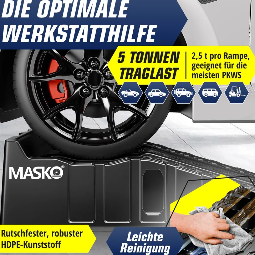 ® Auffahrrampe 2er Set | Auffahrkeile bis 5 t Traglast | KFZ-Rampe mit Überfahrschutz | Verladerampe rutschfest, robust und extra breit | Garagenrampen Autorampe Ölwechsel und Reparatur ^ MASKO Best