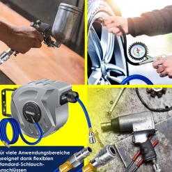 MASKO ® Automatik Druckluftschlauch Aufroller – Schlauchtrommel mit 1/4" Anschluss, Schlauchaufroller, Wandhalterung, Tragegriff, 180° schwenkbar, Schlauchbremse, vormontiert & sofort einsatzbereit Blau Clearance