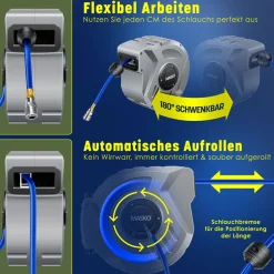 MASKO ® Automatik Druckluftschlauch Aufroller – Schlauchtrommel mit 1/4" Anschluss, Schlauchaufroller, Wandhalterung, Tragegriff, 180° schwenkbar, Schlauchbremse, vormontiert & sofort einsatzbereit Blau Clearance