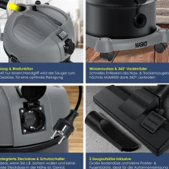 ® Industriestaubsauger Staubsauger 6IN1 Nass & Trockensauger Aschesauger 2300W mit Steckdose & Blasfunktion | Trocken & Nass-Saugen | Industrie-Sauger mit Beutel & beutellos nutzbar, inkl. Filter ^ MASKO Hot