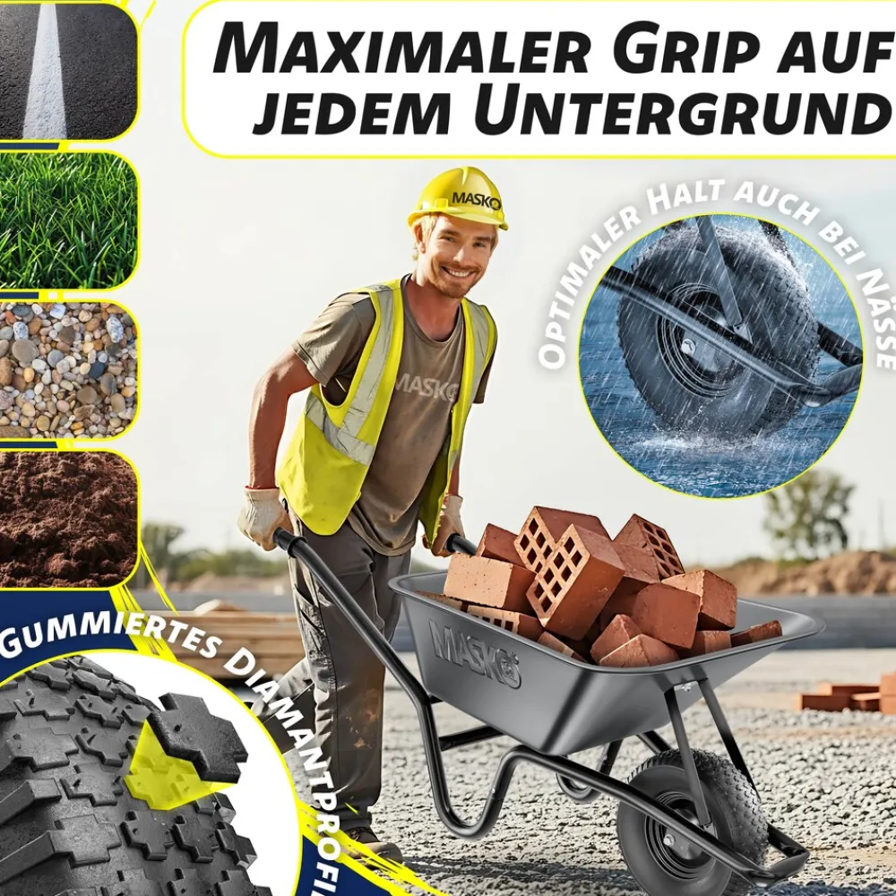 MASKO ® Schubkarre Bauschubkarre Gartenschubkarre 100 Liter bis 250kg Luftreifen mit Stahlfelge verzinkt Stahlrahmen Garten Karre Schiebkarre Transportkarre inkl. Arbeitshandschuhe Schwarz Sale