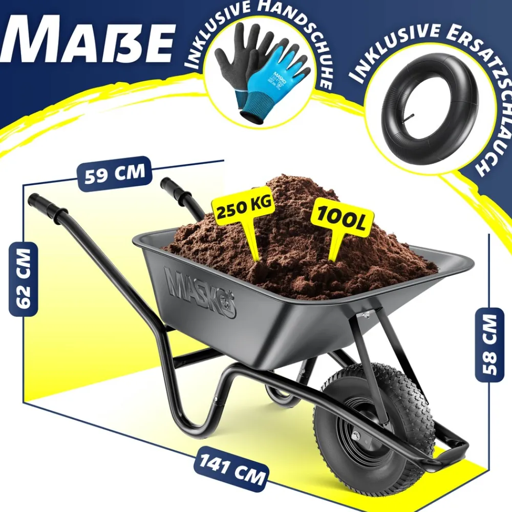 MASKO ® Schubkarre Bauschubkarre Gartenschubkarre 100 Liter bis 250kg Luftreifen mit Stahlfelge verzinkt Stahlrahmen Garten Karre Schiebkarre Transportkarre inkl. Arbeitshandschuhe Schwarz Sale