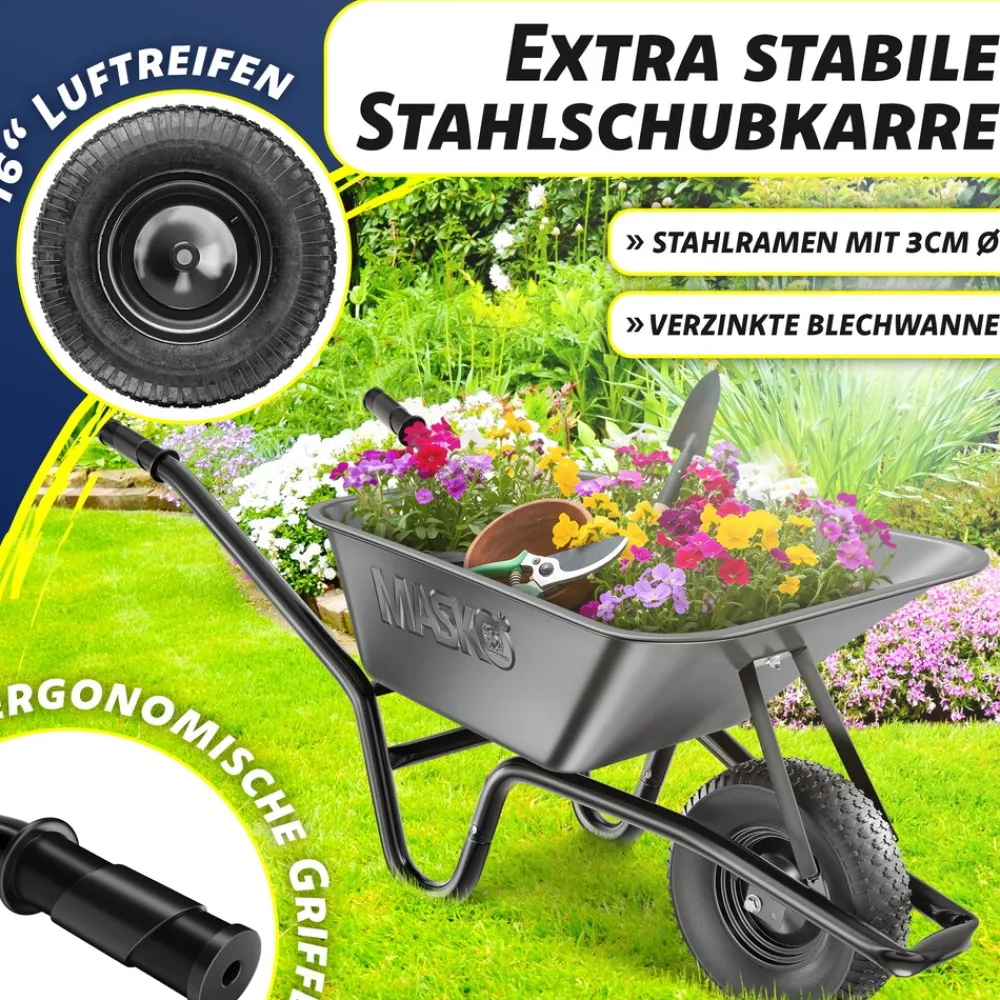MASKO ® Schubkarre Bauschubkarre Gartenschubkarre 100 Liter bis 250kg Luftreifen mit Stahlfelge verzinkt Stahlrahmen Garten Karre Schiebkarre Transportkarre inkl. Arbeitshandschuhe Schwarz Sale