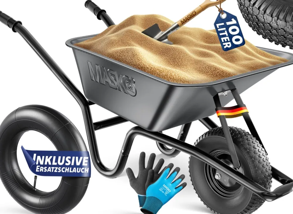 MASKO ® Schubkarre Bauschubkarre Gartenschubkarre 100 Liter bis 250kg Luftreifen mit Stahlfelge verzinkt Stahlrahmen Garten Karre Schiebkarre Transportkarre inkl. Arbeitshandschuhe Schwarz Sale