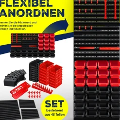 ® Wandregal + Stapelboxen + Werkzeughalter | 45 tlg Box | Erweiterbar | Werkstattregal Lagerregal Steckregal Set Box | Sichtlagerkästen | Kleinteilemagazin | Sortimentskasten | Werkstatt