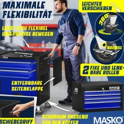 ® Werkstattwagen inkl. Koffer - 9 Fächer Abschließbar Massives Metall, Werkzeug-Wagen ohne Werkzeug, Rollwagen zur Werkzeugaufbewahrung mit Schloss ^ MASKO New