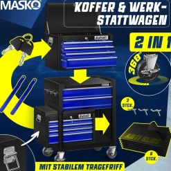 ® Werkstattwagen inkl. Koffer - 9 Fächer Abschließbar Massives Metall, Werkzeug-Wagen ohne Werkzeug, Rollwagen zur Werkzeugaufbewahrung mit Schloss ^ MASKO New