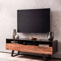 Massive TV-Board Kommode 140cm Akazie Massivholz Baumkante Lowboard Fernsehschrank ^ Finebuy Best