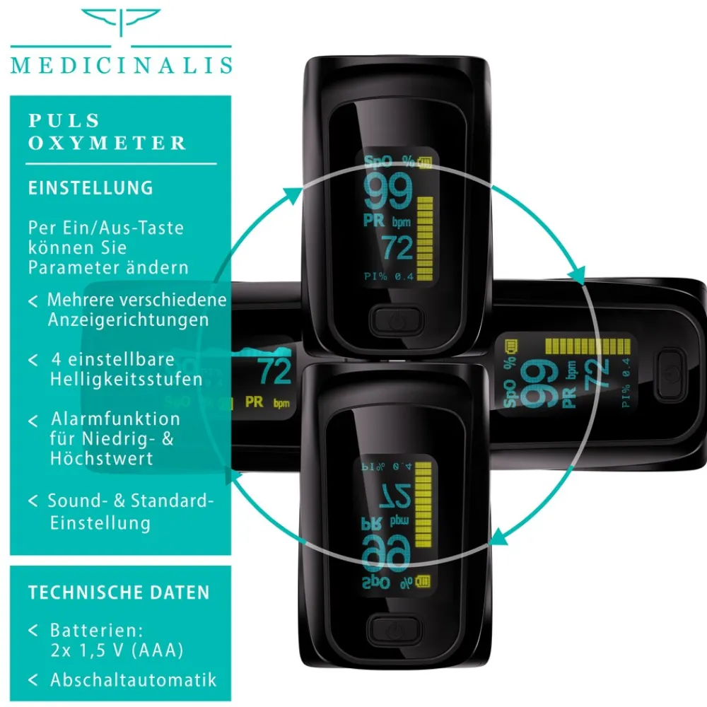Pulsoximeter Finger - SpO2 Pulsmesser - Fingerpulsoximeter - Messung von Puls und Sauerstoffsättigung am Finger - OLED Display ^ Medicinalis Outlet