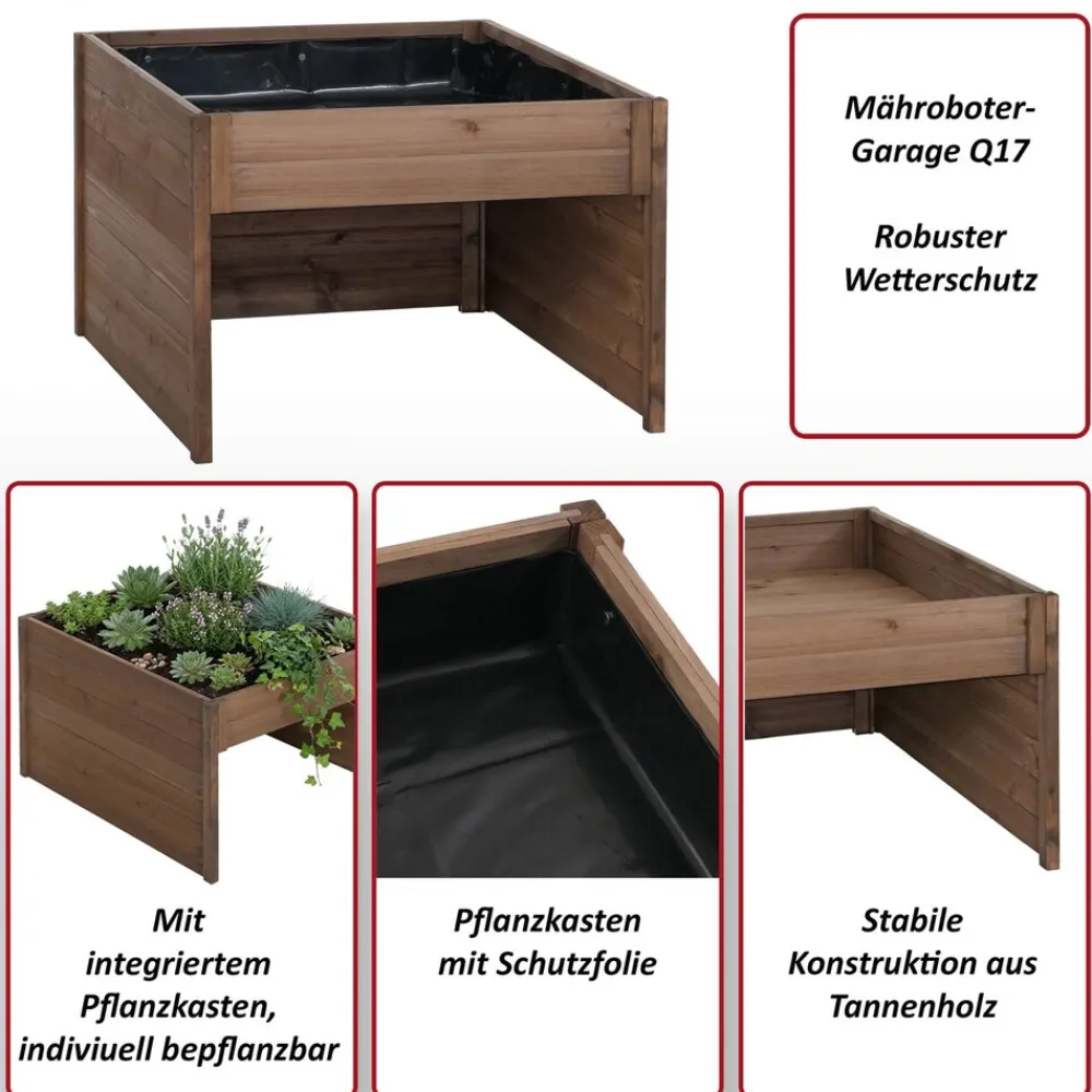 Mähroboter-Garage mit Pflanzkasten -Q17, Unterstand Rasenmäher, Holz MVG-zertifiziert 50x70x80cm ~ natur ^ MCW Discount