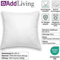 Mikrofaser-Kopfkissen, 800 g,  80 x 80 cm ^ AddLiving New