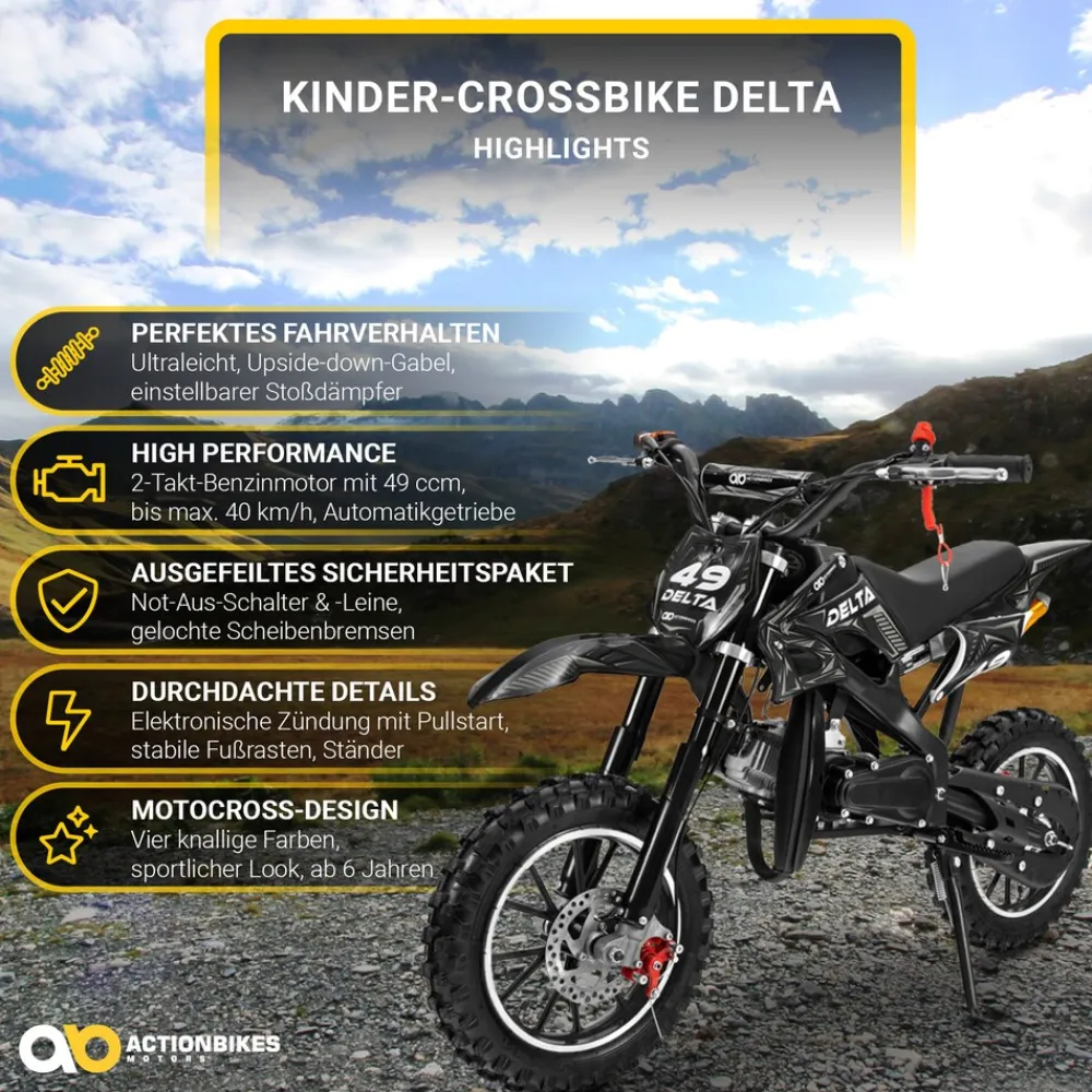 Actionbikes Motors Mini-Crossbike Delta, Benzin-Motorrad, Pocketbike, Dirtbike, 49 ccm, bis zu 40 km/h, Scheibenbremsen Schwarz Sale