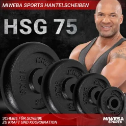 Hantelscheiben HSG75, 4 x 5 kg Hantel-Gewichte, passend für Ø 30 mm, Set, Gusseisen ^ Miweba Sports Sale