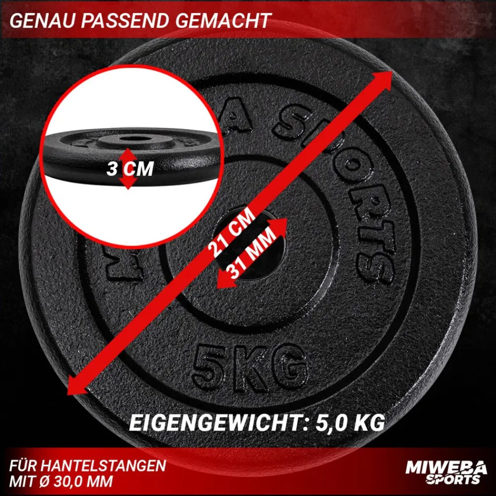 Hantelscheiben HSG75, 4 x 5 kg Hantel-Gewichte, passend für Ø 30 mm, Set, Gusseisen ^ Miweba Sports Sale